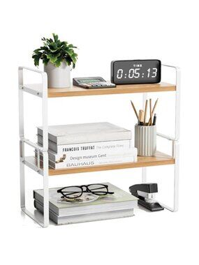 Wood Desktop Shelf Organizer 2 Tier Desk Storage Monitor Riser Office Book Rack